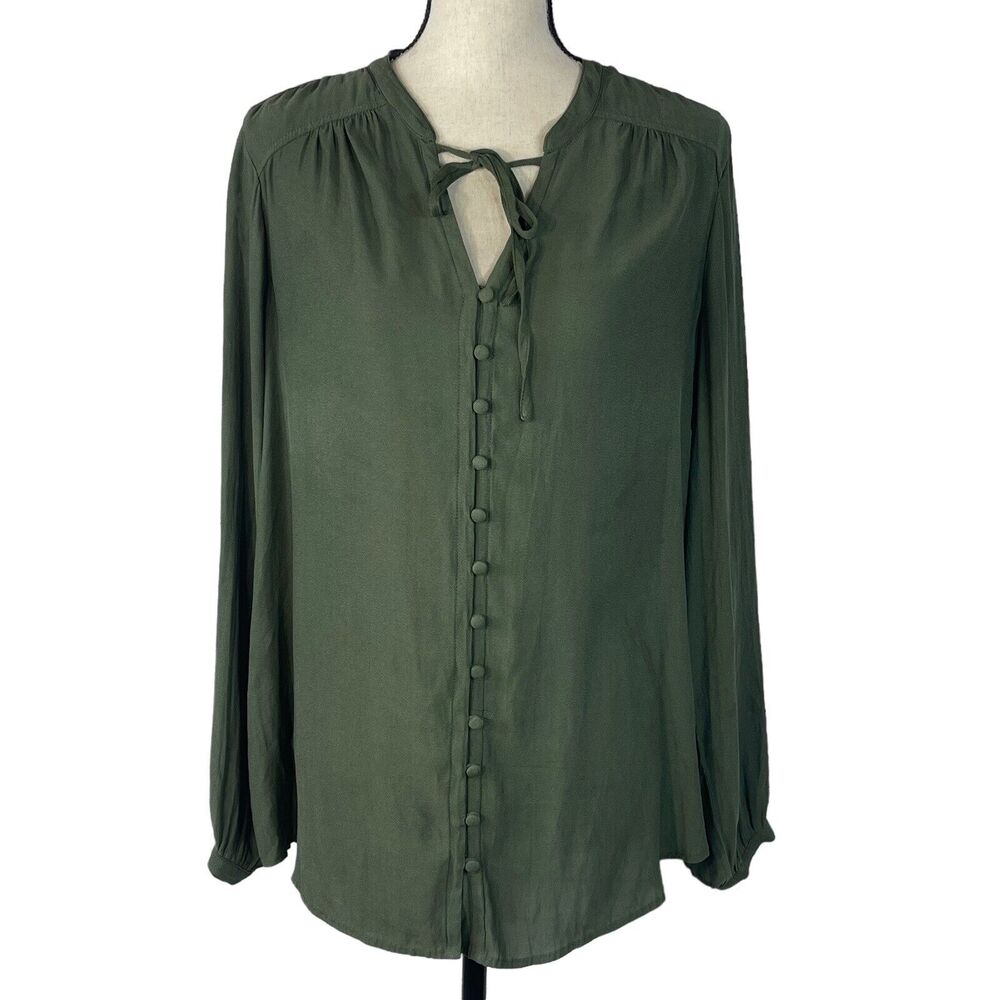 And Now This Large Top Button-Up Keyhole V-Neck Long Sleeve Hi-Low Pleated Green